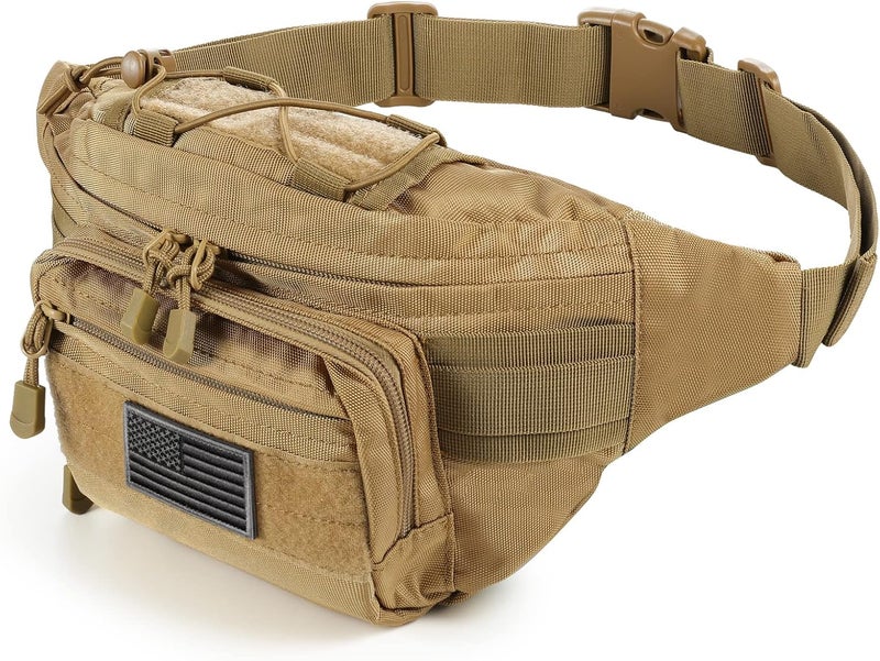 SOWHUP Tactical Fanny Pack,Military Waist Bag Pack with U.S Patch Utility Hip Belt Bumbag for Outdoor Fishing Hiking (Tan(4 Zipper Pockets)) - Image 1